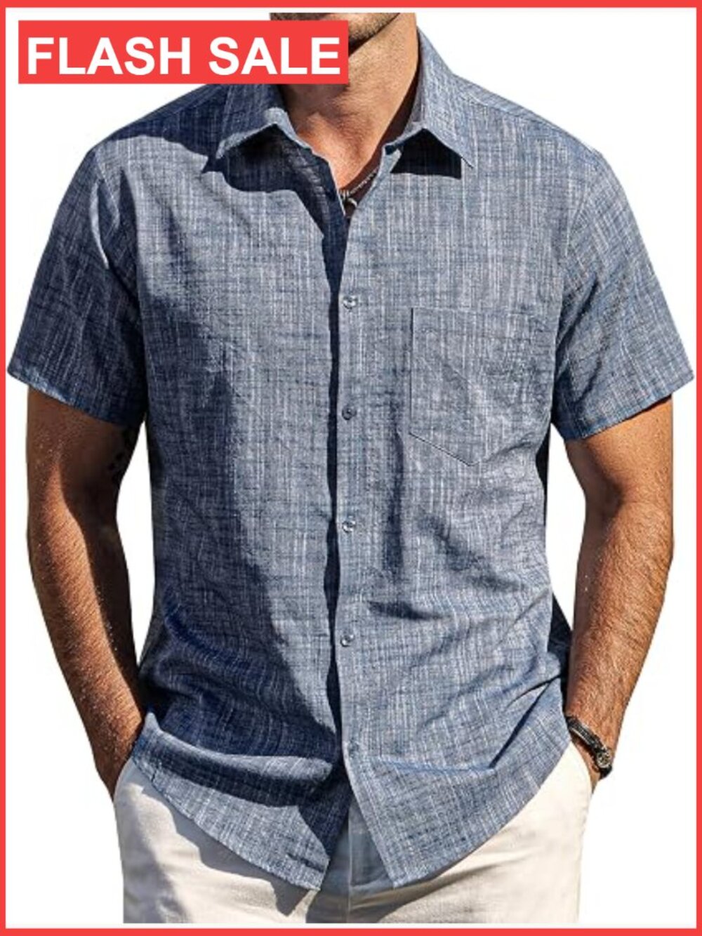 Men's Cotton Linen Textured Short Sleeve Button Down Shirt Casual